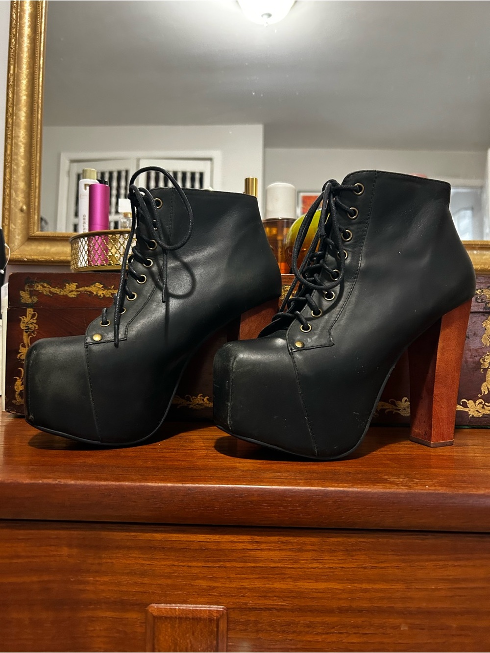 Jeffrey Campbell Black Lace-Up Platform Ankle Boots with Brown Wooden Heel